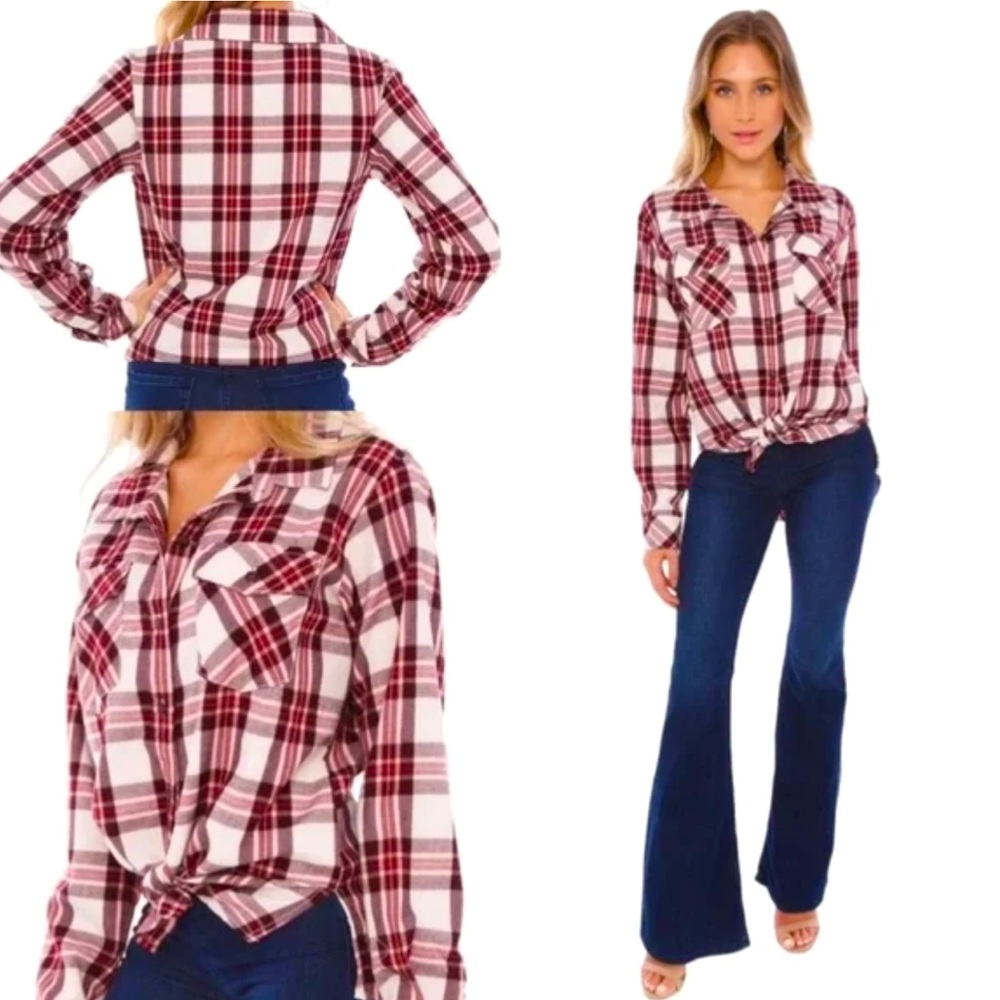🌸NWT Sanctuary Boyfriend Maroon Plaid Button Down Shirt. Lightweight Flannel. M